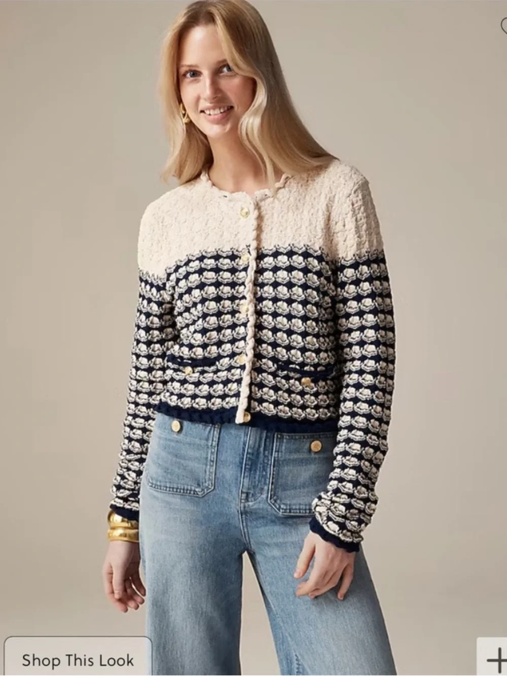 NWT J.Crew Textured Knit Cropped Cardigan Sweater Navy Cream Gold Buttons Small